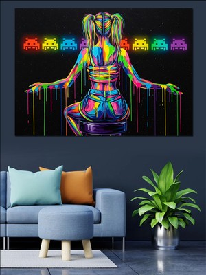 Tablo Mega Neon Işıklı Kadın ve Emojiler Illüstrasyonu Dekoratif Kanvas - Mdf Ahşap Tablo