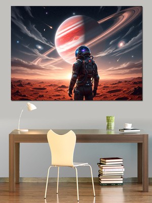 Artmeg Aydaki Astronotun Renklendirilmiş Satürn Manzarası Soyut  Dekoratif Kanvas - Mdf Ahşap Tablo