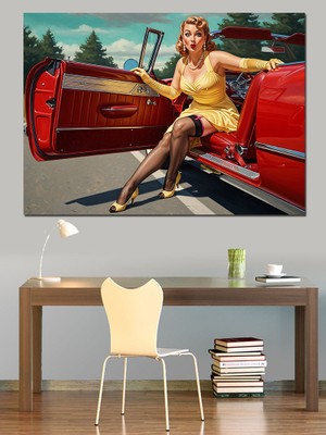 Tablo Mega Kırmızı Klasik Üstü Açık Arabadaki Sarı Elbiseli Retro Kadın Dekoratif Kanvas - Mdf Ahşap Tablo