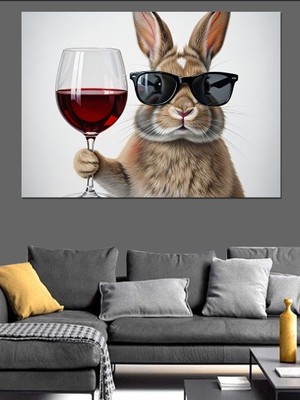 Tablo Mega Şarap Içen Havalı Gözlüklü Tavşan Dekoratif Kanvas - Mdf Ahşap Tablo