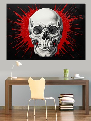 Artmeg Siyah Fonda Insan Kurukafası Kırmızı Renk Detaylı Dekoratif Kanvas - Mdf Ahşap Tablo