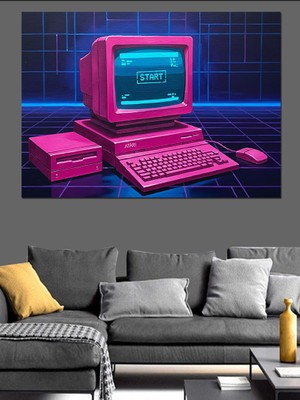 Tablo Mega Pembe Retro Bilgisayar Neon Işık Dekoratif Kanvas - Mdf Ahşap Tablo