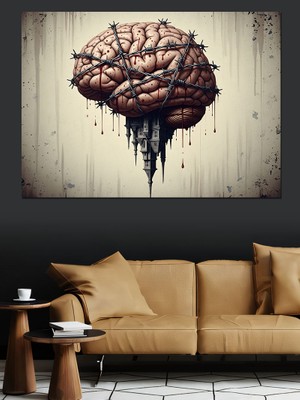 Tablo Mega Dikenli Telle Sarılmış Insan Beyni ve Bilinçaltı Soyut Sanat Dekoratif Kanvas - Mdf Ahşap Tablo