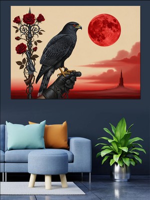 Artmeg Kara Karga Kırmızı Ay ve Gül Motifli Mızrak  Dekoratif Kanvas - Mdf Ahşap Tablo
