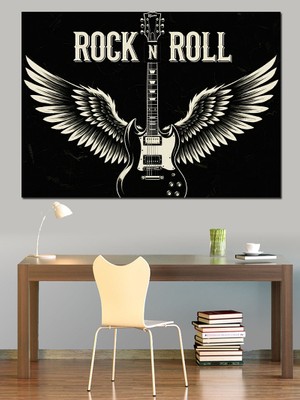Tablo Mega Rock 'n' Roll Kartal Kanatlı Gitar Amblemi Dekoratif Kanvas - Mdf Ahşap Tablo
