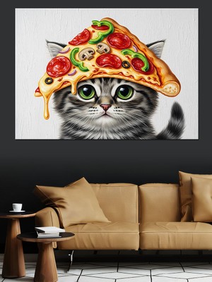 Artmeg Pizza Şapkalı Sevimli Kedi Dekoratif Kanvas - Mdf Ahşap Tablo