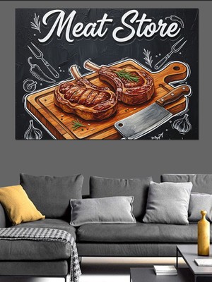 Artmeg Et Tahtasında Pirzola Çizimli "meat Store" Kasap Afişi Dekoratif Kanvas - Mdf Ahşap Tablo