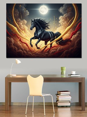 Artmeg Gece Dolunayda Parlak Siyah At Dekoratif Kanvas - Mdf Ahşap Tablo