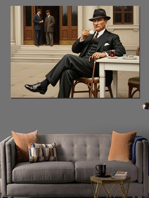 Artmeg Türk Kahvesi Içerken Mustafa Kemal Atatürk Dekoratif Kanvas - Mdf Ahşap Tablo