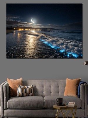 Artmeg Gece Hilal ve Deniz Manzarası Mavi Işıklı Detaylar Dekoratif Kanvas - Mdf Ahşap Tablo