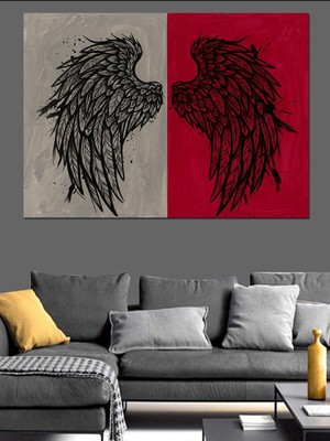 Artmeg Siyah Melek Kanatları Çizimi Pembe ve Beyaz Fon Dekoratif Kanvas - Mdf Ahşap Tablo