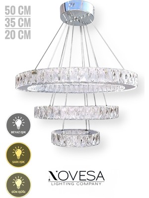 Novesa Kristal Taşlı 3 Halkalı Çember/yuvarlak 3 Renk LED Avize