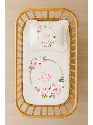 Moda Lime Isimli Bebek Nevresim Takımı 70X120 – Pembe Çiçekli Gold Halka Tasarım Fırfırlı Dolgulu Yastıklı