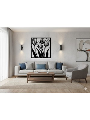 Atagün Nova 3D Yazıcı Lale Duvar Dekoru (Çerçeveli) | Modern Çiçek Silüeti Tablo | Minimalist Salon Ofis Dekorasyonu