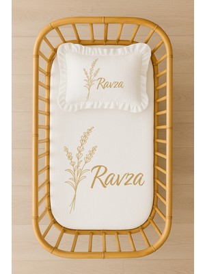 Moda Lime Isimli Bebek Nevresim Takımı 70X120 – Minimal Buğday Desenli Fırfırlı Dolgulu Yastık