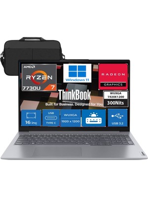 Lenovo Thinkbook 16 Amd Ryzen 7 7730U 12GB 1tb SSD Amd Radeon Graphics (1920X1200) 16" Wuxga 300NITS IPS Windows 11 Pro Taşınabilir Bilgisayar & Çanta