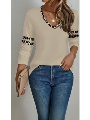 Cottonlab Kadın Uzun Kollu V Yakalı Leopar Desenli Viskon Iki Iplik Bluz