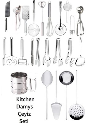Kitchen Damys Paslanmaz Çelik 24 Parça Mutfak Yemek Hazırlık Çelik Çeyiz Seti Kevgir Maşa Seti Un Eleğ