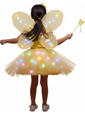 Beryka 2-10 Yaş Kız Çocuk LED Işıklı Kelebek Kanat Peri Kostüm Seti