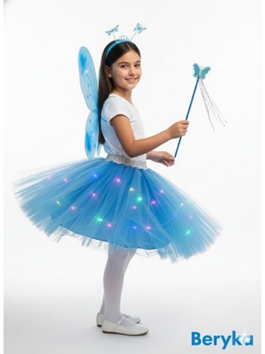 Beryka 2-10 Yaş Kız Çocuk LED Işıklı Kelebek Kanat Peri Kostüm Seti