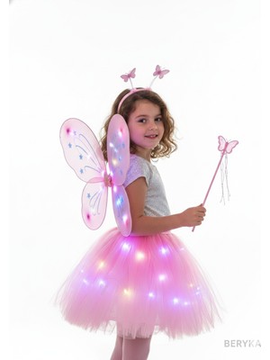 Beryka 2-10 Yaş Kız Çocuk LED Işıklı Kelebek Kanat Peri Kostüm Seti
