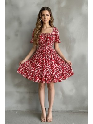 Fantastik Store Kayık Yaka Gipeli Bürümcük Mini Elbise – Kırmızı