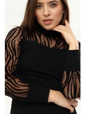 Fantastik Store Kadın Kollar Flog Baskılı Tül Detaylı Bluz