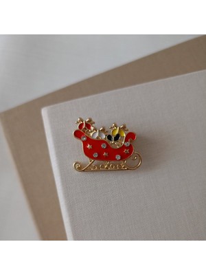 Lente Aksesuar Kırmızı Kızak Broş-Yeni Yıl Temalı Hediye Paketi Dağıtan Kızak Yaka Iğnesi