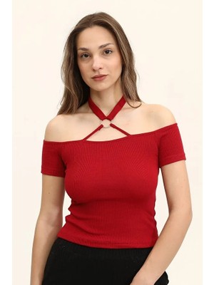 Fantastik Store Kadın Bordo Renkli Ön ve Arka Madonna Yaka Boyun Halkalı Örme Bluz