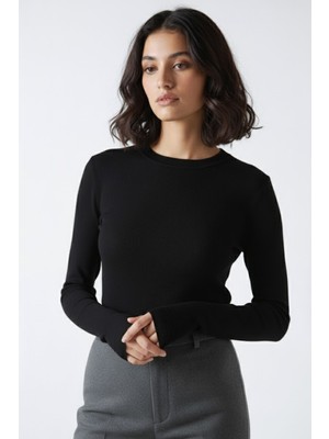 Fantastik Store Bisiklet Yaka Parmak Geçmeli Viskon Body - Siyah