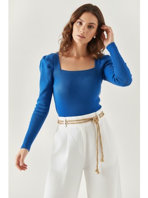 Fantastik Store Kare Yaka Prenses Kol Kaşkorse Bluz - Saks Mavi