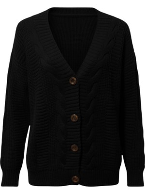 Fantastik Store Kadın Siyah Düğmeli Kısa Triko Hırka – Burgulu Örgü Desenli