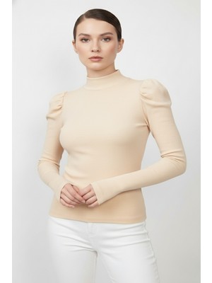 Fantastik Store Balıkçı Yaka Parmak Geçmeli Kaşkorse Prenses Kol Bluz - Bej