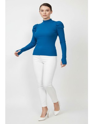 Fantastik Store Balıkçı Yaka Parmak Geçmeli Kaşkorse Prenses Kol Bluz - Saks Mavi