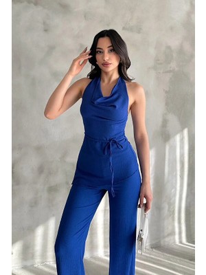 Fantastik Store Kadın Saks Mavisi Degaje Yaka Bluz ve Pantolon Ikili Takım