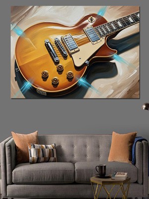 Tablo Mega Parlak Mavi Işık Saçan Elektro Gitar Görseli Dekoratif Kanvas - Mdf Ahşap Tablo