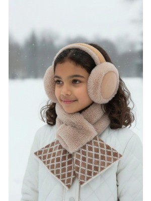 Krem Peluş Kulaklık ve Atkı Seti - Yumuşak Tüylü Boyunluk ve Kulaklık Çocuklar Için Kış Seti
