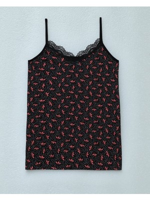 Ip Askılı Dantelli Desenli Atlet -Nar Çiçeği