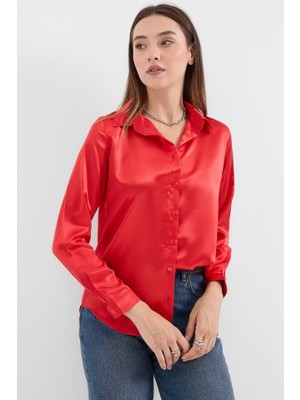 3964 Hafif Dökümlü Saten Gömlek - Bordo