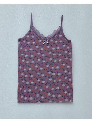 Çiçek Desenli Dantelli Ip Askılı Atlet -Mor