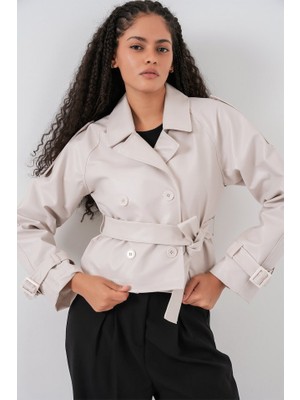 Kemerli Suni Deri Ceket 1046 - Ekru