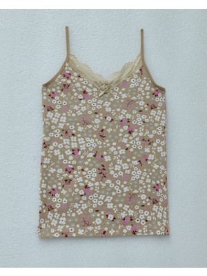 Ip Askılı Dantelli Desenli Atlet -Vizon