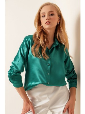 3964 Hafif Dökümlü Saten Gömlek - Koyu Yeşill