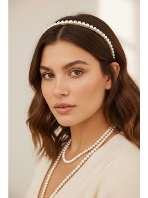 Inci Detaylı Taç ve Uzun Incili Kolye Seti - Abiye Klasik Saç Bandı Aksesuarı