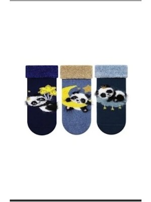 Panda Desenli Erkek Bebek Patik Çorap 3'lü Çok Renkli