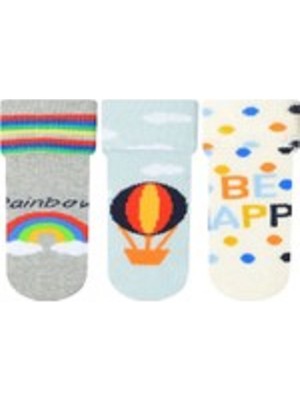 3'lü Gökkuşağı Uçan Balon Desenli Kaydırmaz Tabanlı Erkek Bebe Havlu Çorabı