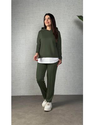 Cottonlab Kadın Uzun Kollu Kapşonlu Bağcıklı Viskon Iki Iplik Bluz ve Pantolon Ikili Takım