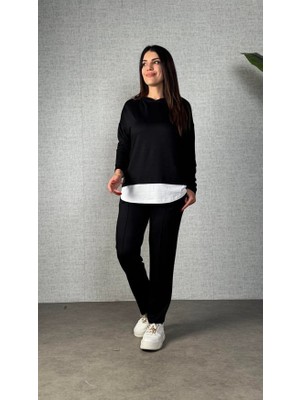 Cottonlab Kadın Uzun Kollu Kapşonlu Bağcıklı Viskon Iki Iplik Bluz ve Pantolon Ikili Takım