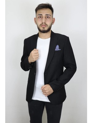 Duayen Fistan Store Erkek Siyah Düz Italyan Kesim Dar Kalıp Tek Düğme Blazer Ceket