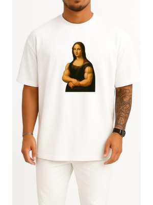 Bahriyeli Collection Oversize Mona Lisa Tablosu Kaslı Fitness Göğüs Baskılı Unisex T-Shirt